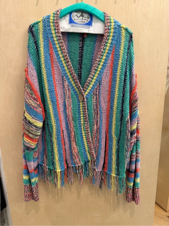 Pilcro Sweaters - Pilcro Multicolor Striped V-Neck Fringe Cardigan